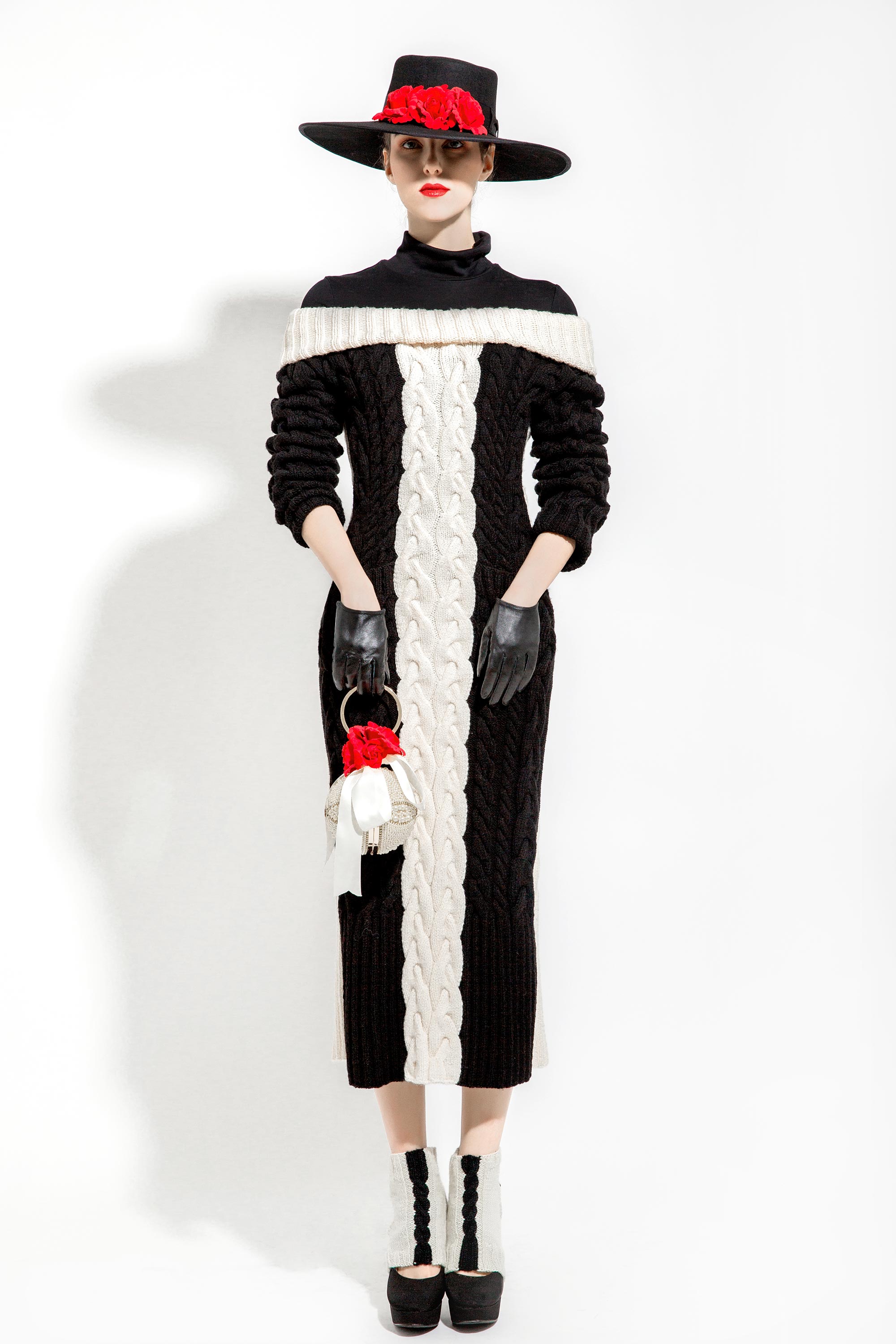 Wool Knitted Off-Shoulder Dress, Black/Cream