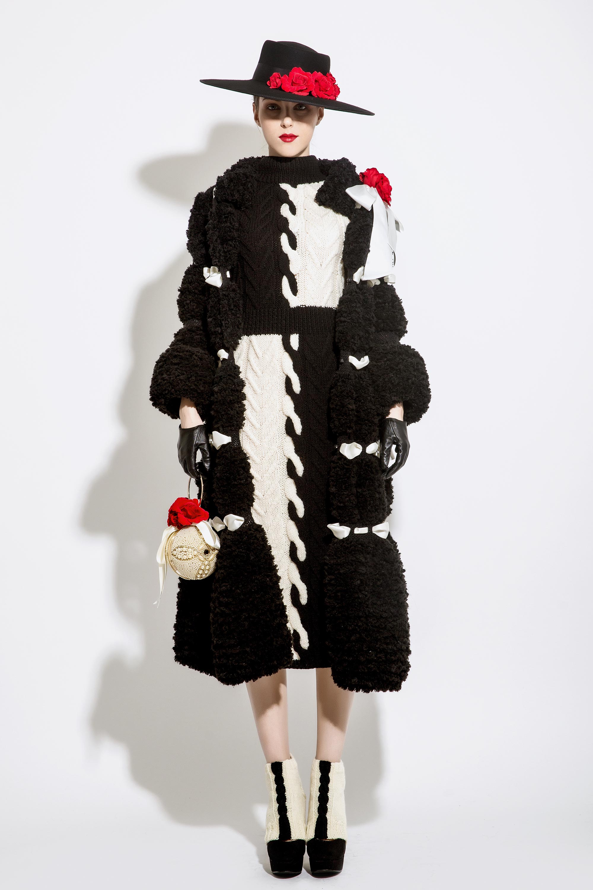 Wool Knitted Dress with Ribbon Woven Coat, Black/Cream