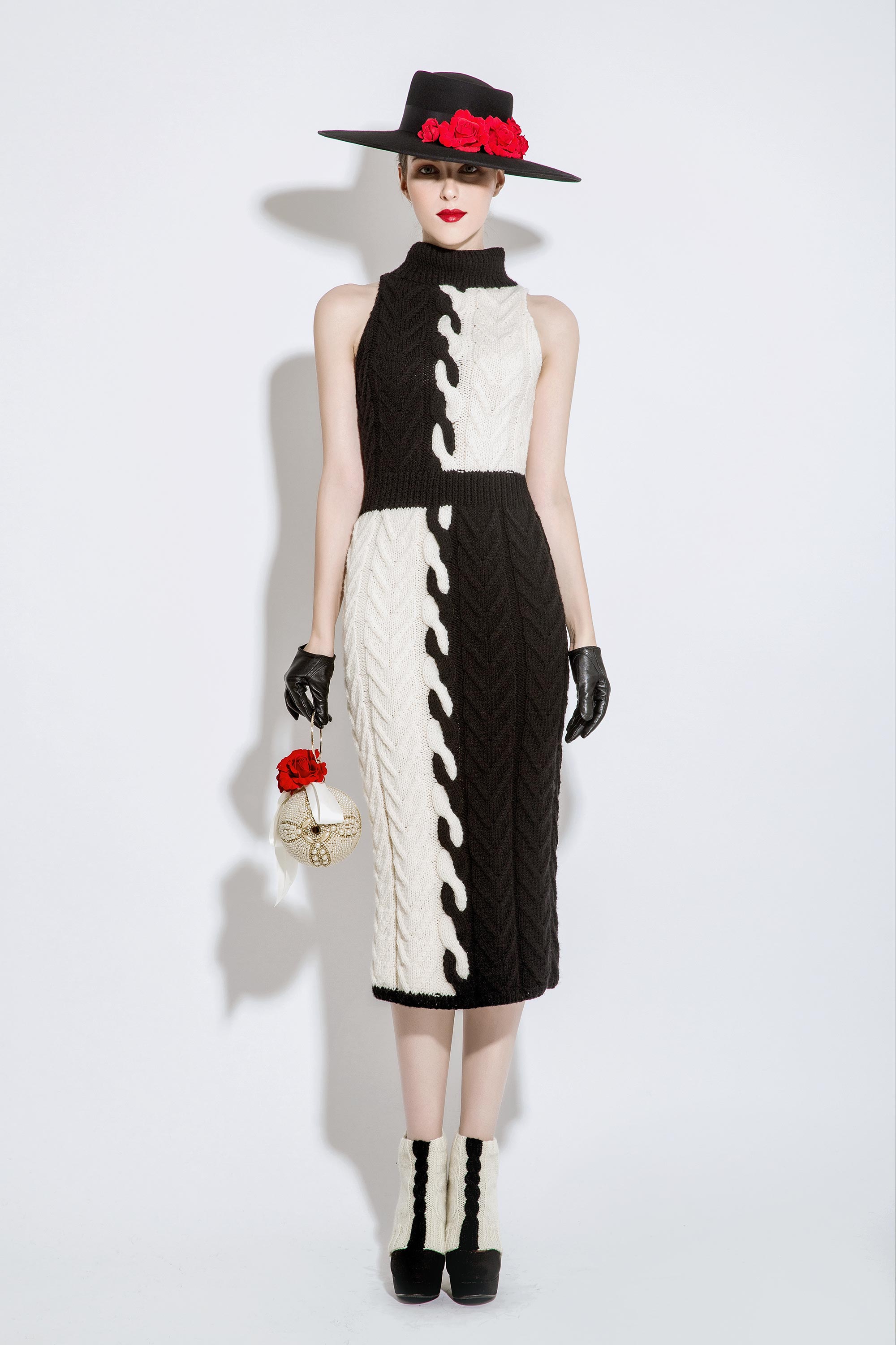 Wool Knitted Sleeveless Dress, Black/Cream