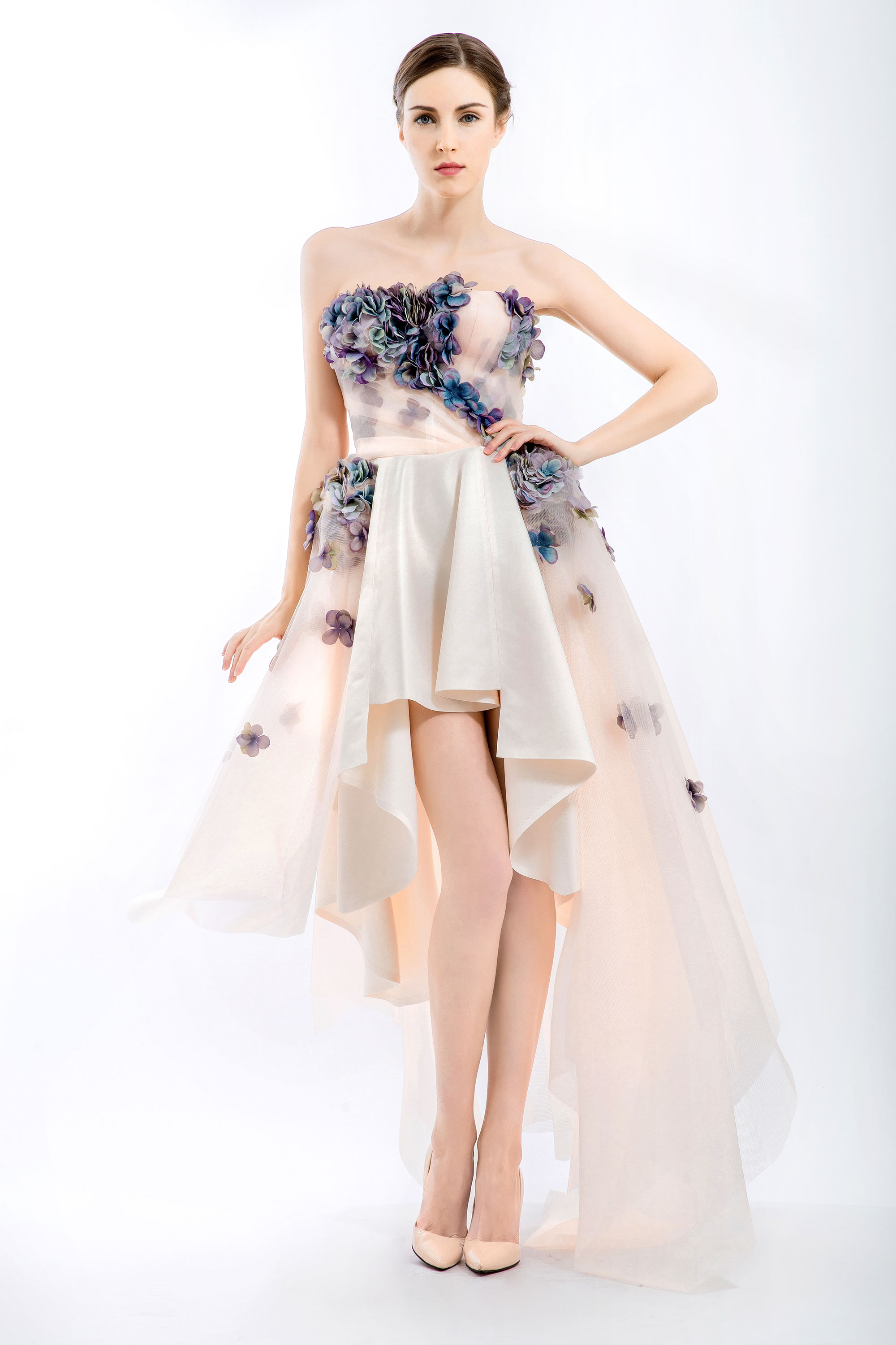 Hydrangea A-line Strapless Dress, Beige/ Multicolor