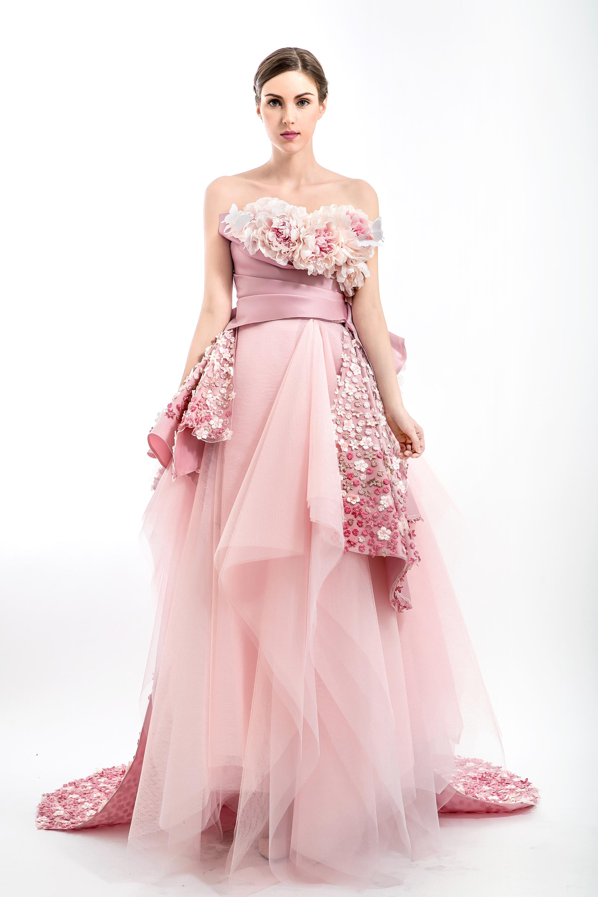 Peonies Embellished Strapless Ball Gown, Pink