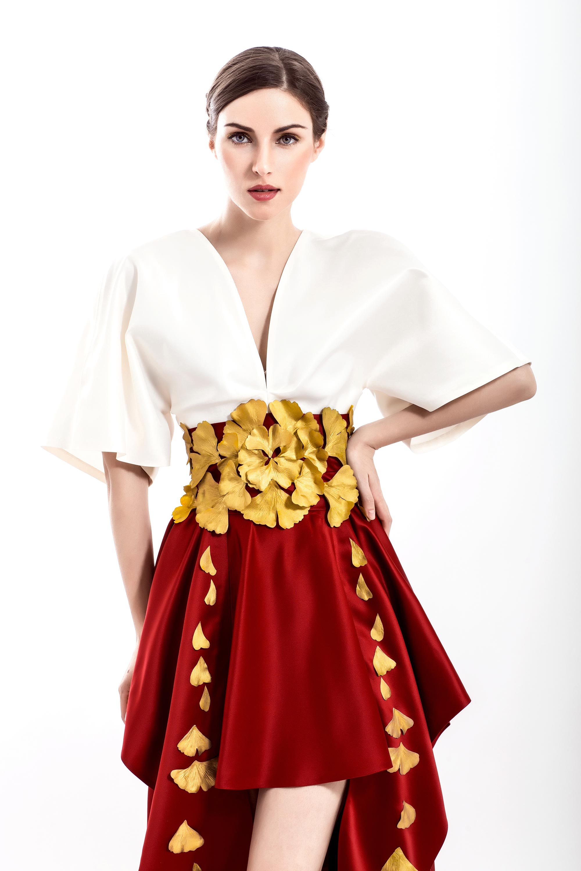 Gingko Leaves Kimono V Neck Dress, Pearl White/Burgundy