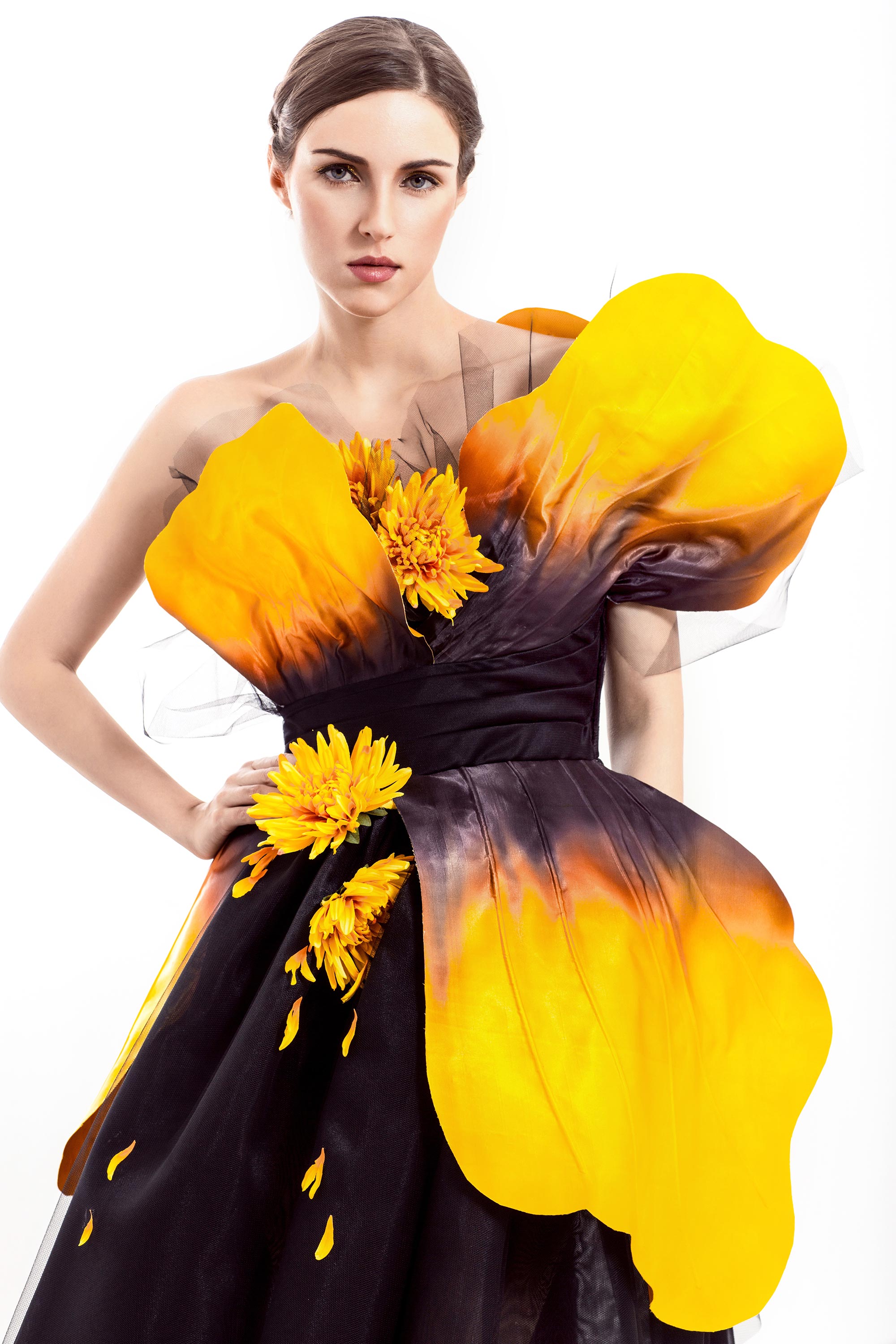 Evening Primrose Strapless A-line Flare Dress, Black/Yellow