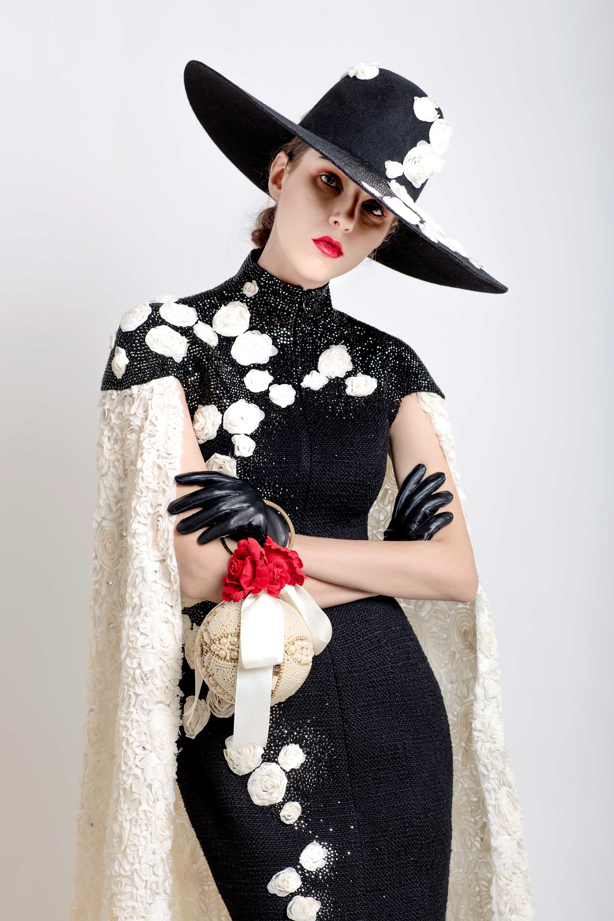 Swarovski 3D Rosettes Embroidered Dress, Black/Cream