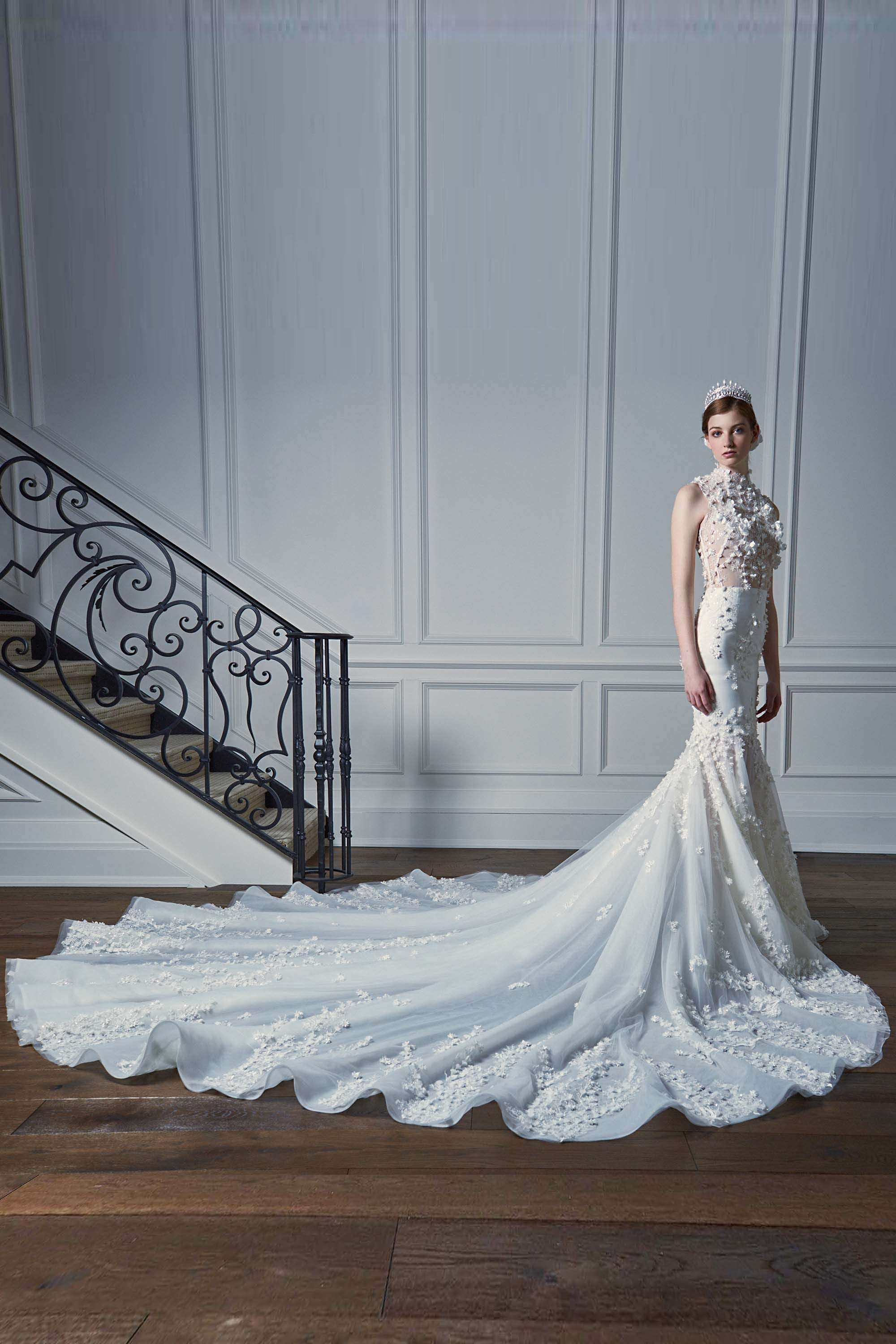 EMBROIDERED SILK TULLE MERMAID BRIDAL GOWN, WHITE Kelly NG