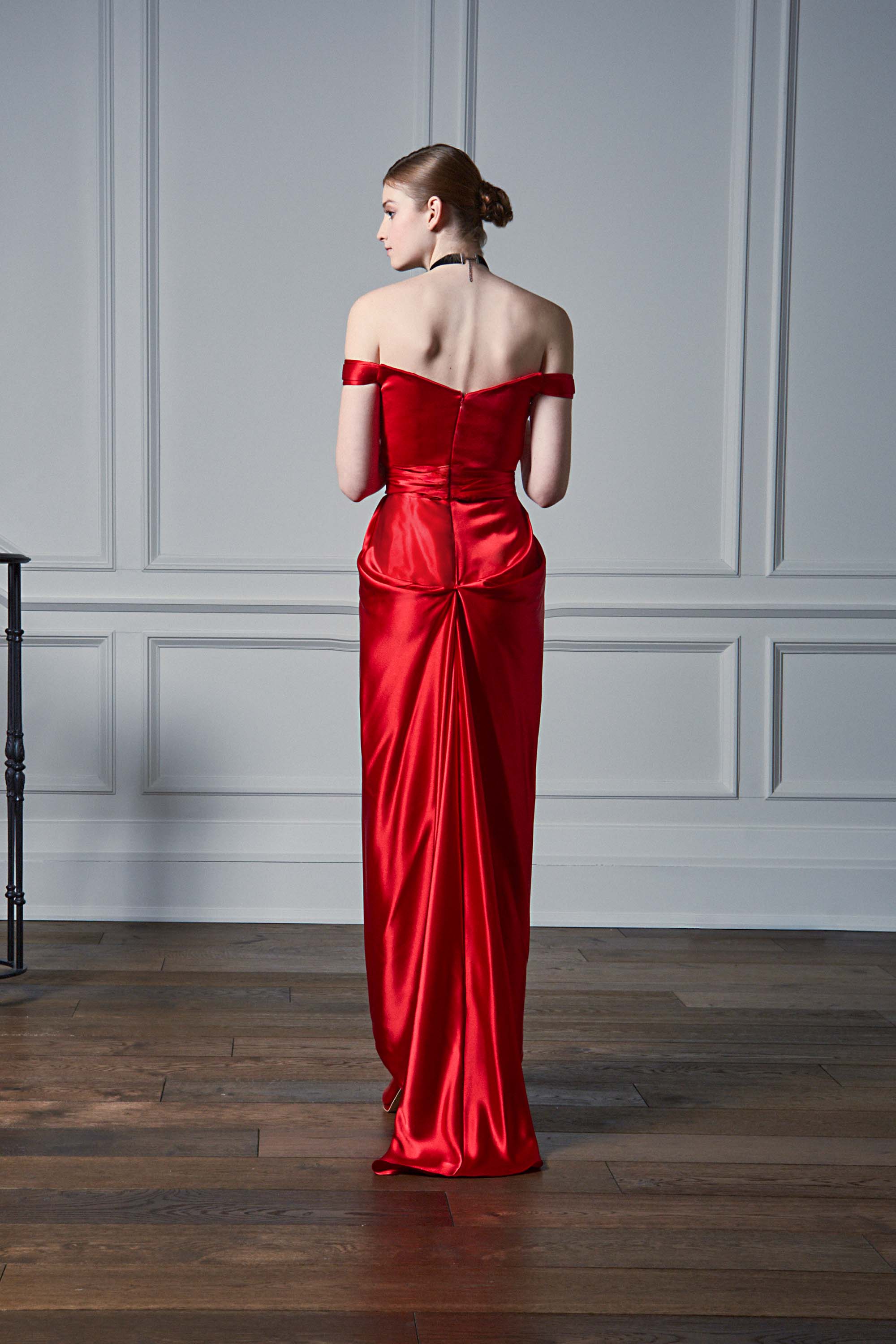 OFF-THE-SHOULDER DRAPED GOWN, RED - Kelly NG