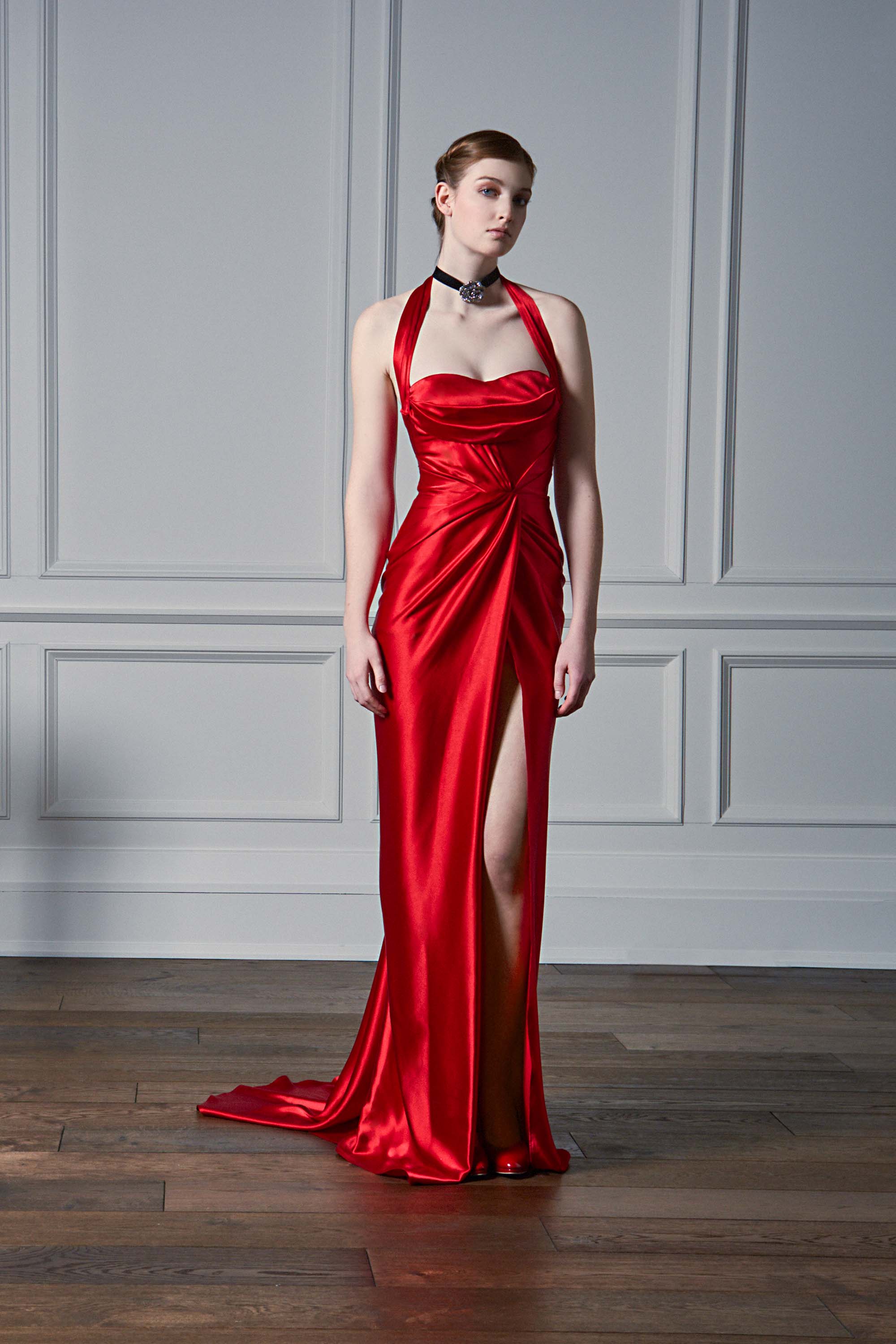 HALTER NECK DRAPED GOWN WITH THIGH SLIT, RED