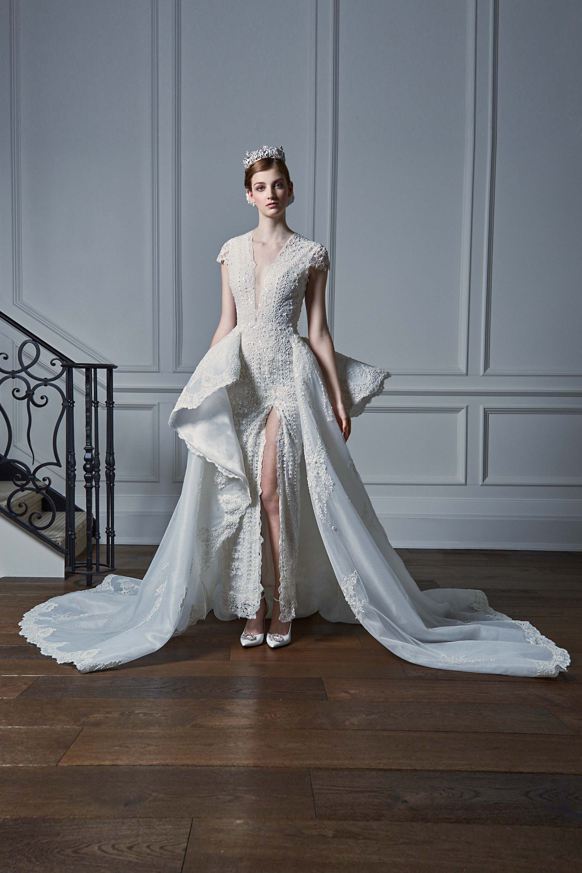 EMBROIDERED PENCIL GOWN WITH ASYMMETRICAL BUSTLED TRAIN, WHITE - Kelly NG