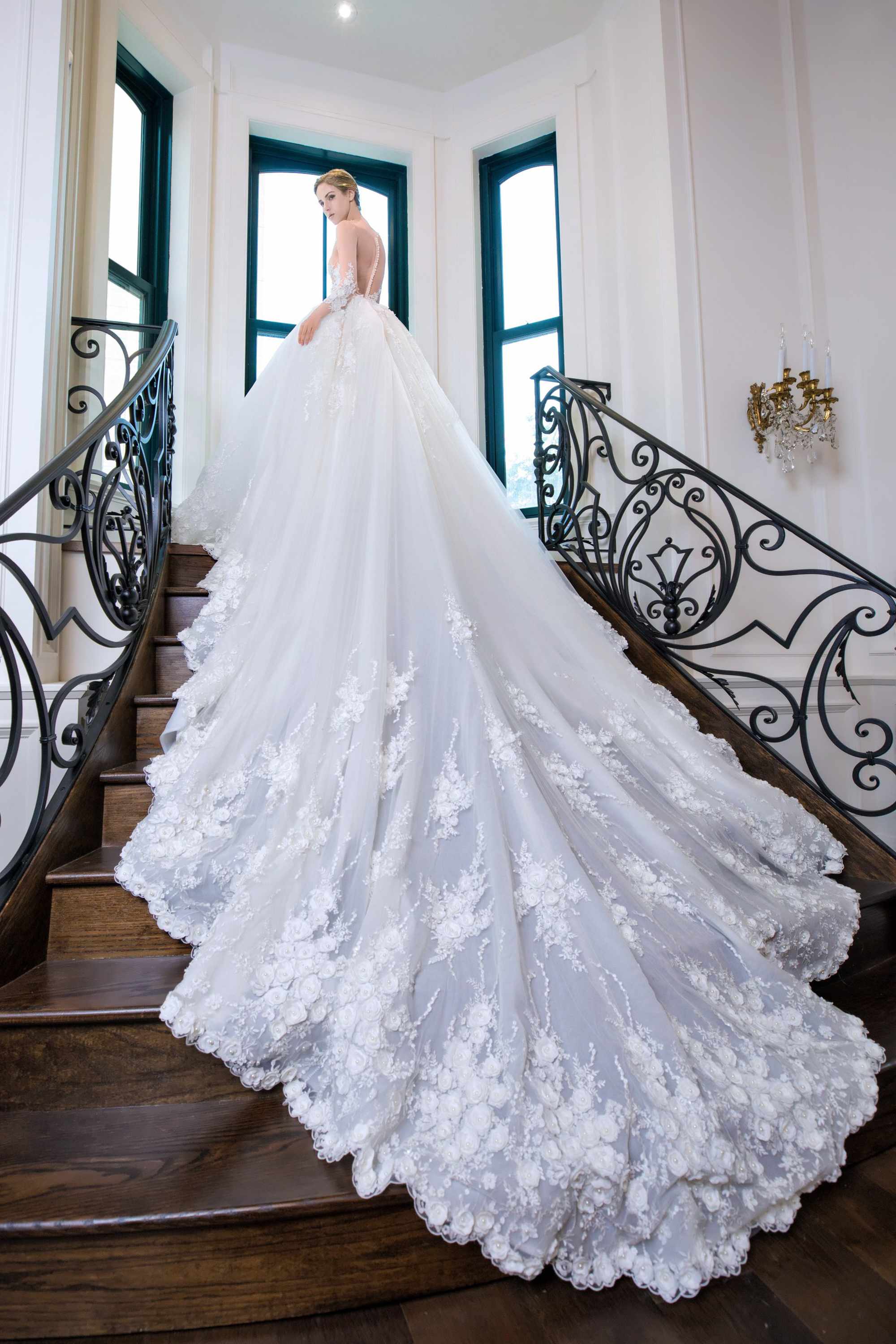 EMBROIDERED SILK TULLE BRIDAL BALL GOWN, WHITE - Kelly NG