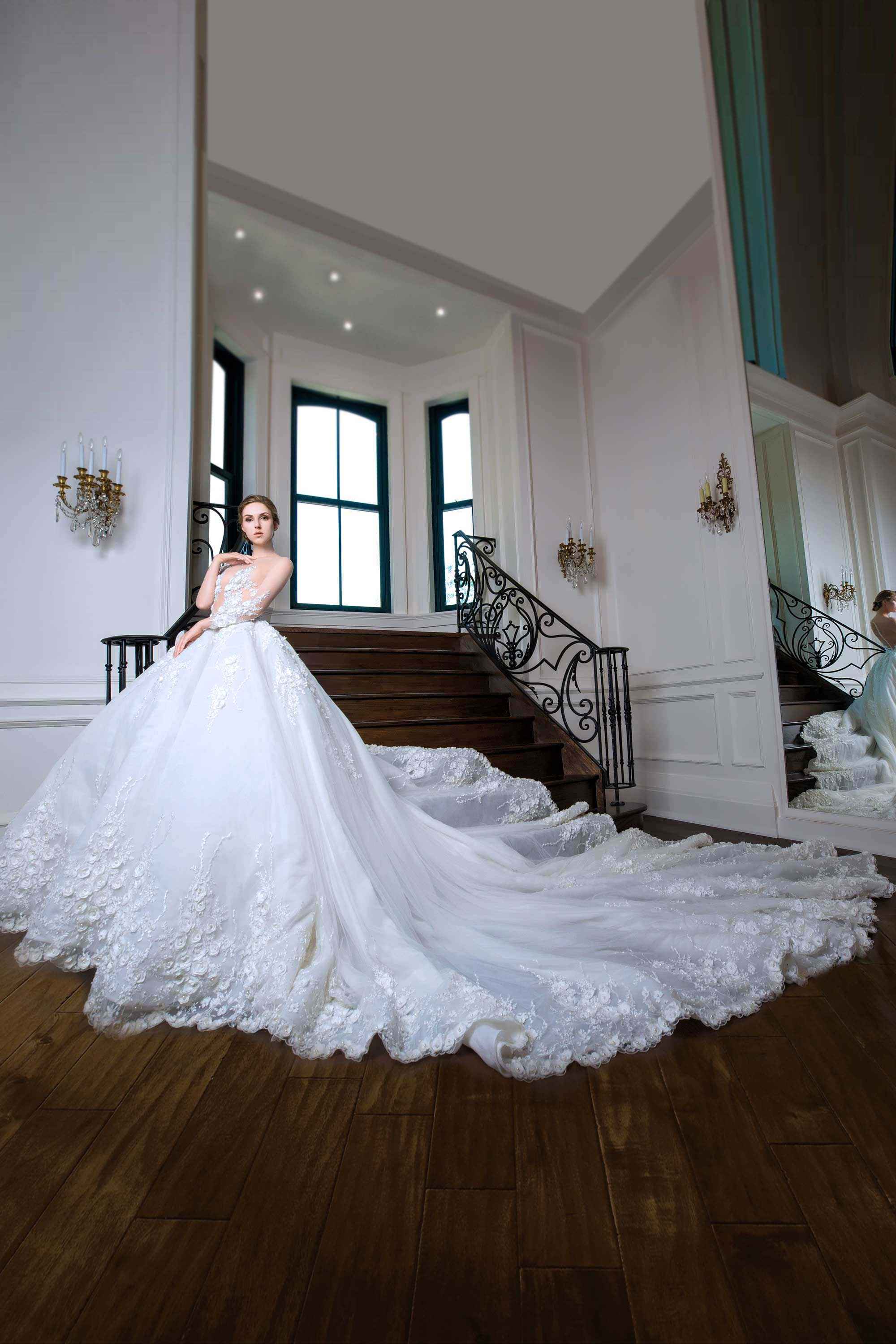 EMBROIDERED SILK TULLE BRIDAL BALL GOWN, WHITE